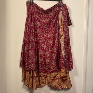 Wevez Womens Burgundy Reversible Silk Sari Wrap Midi Skirt Sz MD/L Boho Floral